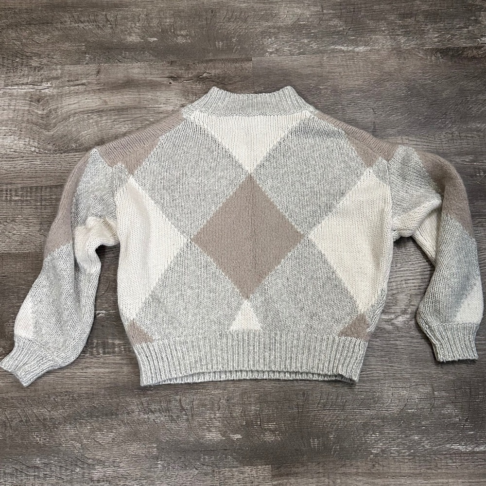 Ann Taylor Argyle Mock Neck Sweater Grey Tan Cream Chunky Knit Pullover Small‎